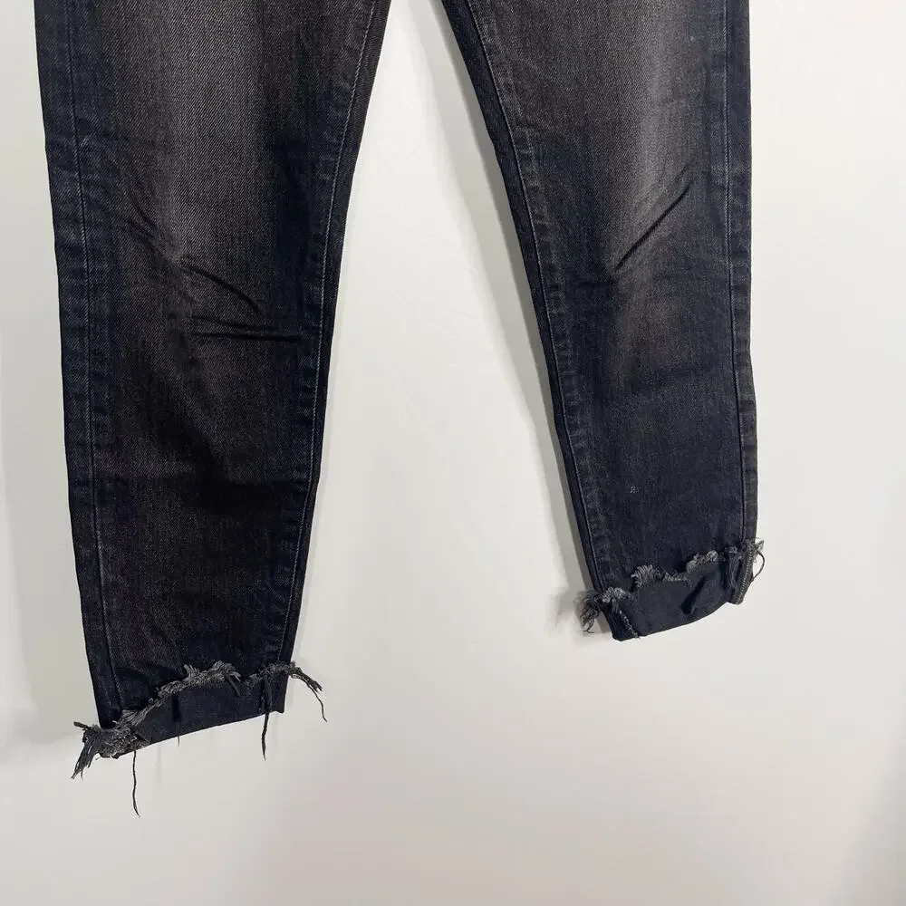 Moussy Vintage 27 Distressed Black Staley Tapered Jeans Button Fly Cotton Fray